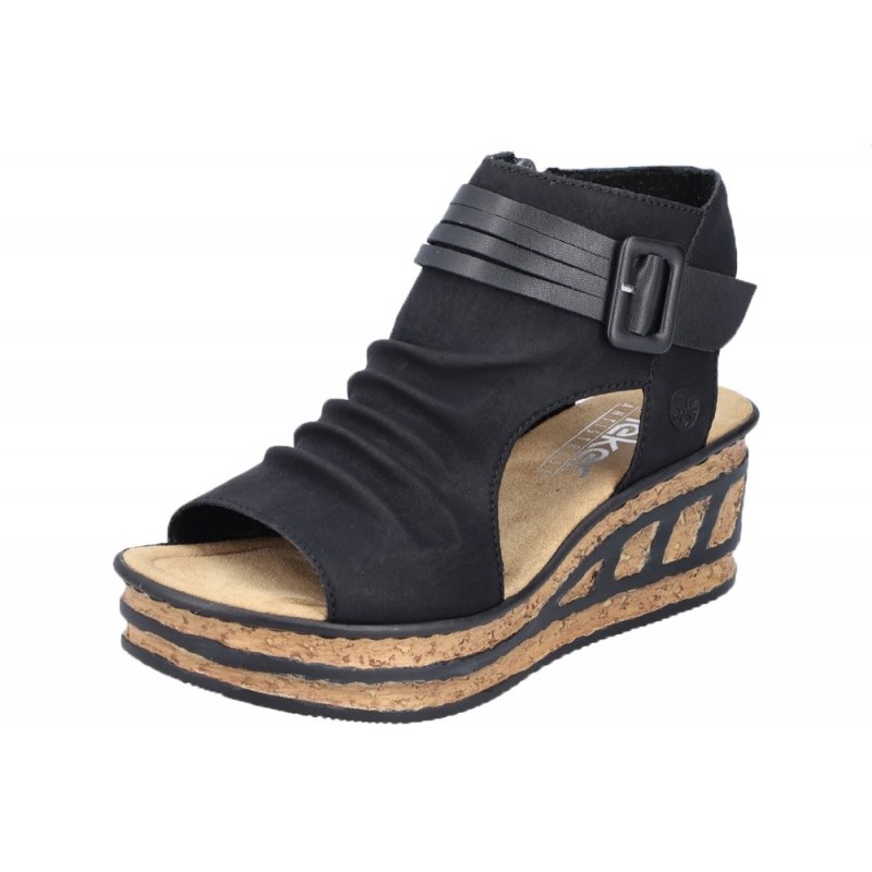 Rieker Damen Keilsandale Schwarz 68191-00 Schuhe