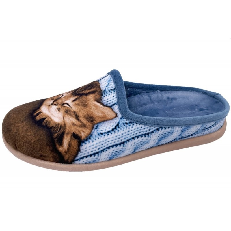 Damen Hausschuh Pantoffel Katze Blau 511050068 Schuhe